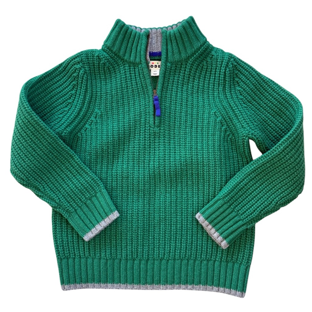 Mini Boden Wool Green Ribbed Knit Sweater with Blue Zip Size 6 7